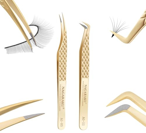 NAGARAKU Set Fiber Pinzette Extension Ciglia AG-05 & 11 Acciaio Inox Dorato Pinzetta Dolphin e Pinzetta Forma 7 per Isolamento Rapido Creazione Ventagli Mega Volume e Applicazione Professionale