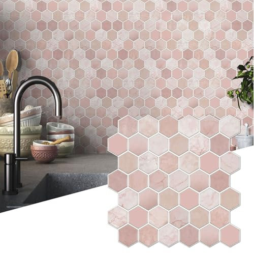 Fliesenaufkleber 30x 30cm Klebefliesen Fliesenfolie für Küche Bad, 10 Stück Selbstklebend Wasserdicht 3D Küchenrückwand Wandfliesen-Aufkleber (Rosa)