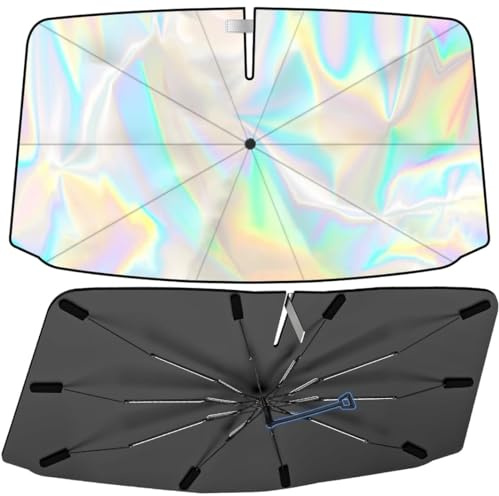 Parasol para parabrisas delantero de coche, 80 x 140 cm, con mango de protección contra arañazos de 360°, protección solar para coche, protección UV, con efecto de estrellas iridiscentes (arcoíris)