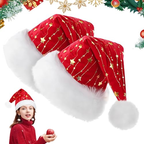 ISparbox Plüsch Weihnachtsmütze Erwachsene, 2Stück Weihnachtsmann Mütze Männer Frauen, Nikolausmütze mit Goldenen Foliensternen, Santa Clause Mützes, für Weihnachtsfeiern Kostümpartys Familienfeste