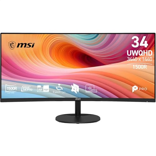 MSI PRO MP341CQ E12 – Monitor 34” UWQHD (3440x1440, 1500R) VA, 120Hz, 1ms | HDR Ready, Adaptive-Sync, Eye Care, Altoparlanti Integrati, HDMI 2.0b, DP 1.4a, Senza Cornice, Inclinabile, Compatibile VESA