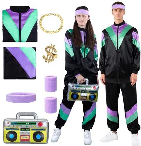 Kitimi 80er 90er Jahre Outfit Herren Damen, 80er Trainingsanzug Jogginganzug Faschingskostüme Männer Unisex 80s Tracksuit Disco Jacke und Hose Anzug 90s Accessoire Bad Taste für Mottoparty Karneval