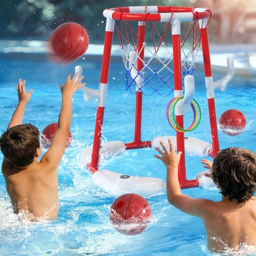 BLmukce Pool Basketballkorb für Kinder 4-8 & 8-12 Jahre – 2-in-1 Schwimmendes & Oberirdisches Wasserspiel mit 4 Bällen, 12 Ringen & Pumpe, Outdoor-Spielzeug für Schwimmbad (Rot)