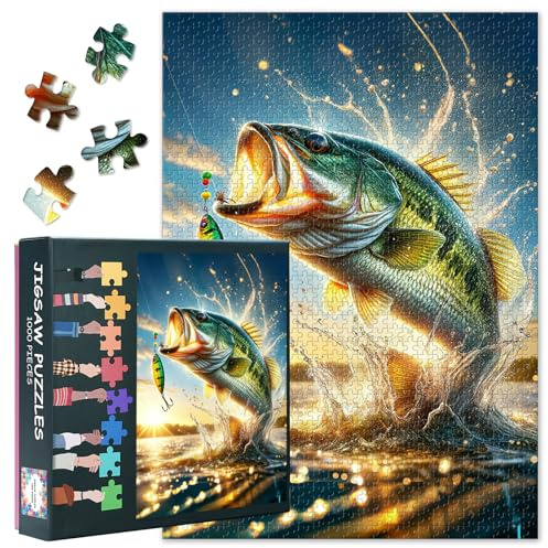 1000 Teile Puzzle für Erwachsene Forellenbarsch beim Sprung Angel Szene Sonniger Tag mit Köder und Haken Action Wildtier Natur Kunst für Sportsmann Spielezimmer Deko 27.5x19.7 Zoll