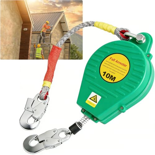 IELSH Höhensicherungsgerät Absturzsicherung 3m/5m/7m/10m/15m/20m (10m) | 150KG Absturzsicherung Dachdecker mit Selbstsicherndem Haken, Grün/Gelb Absturzsicherung Einziehbar für Höhenoperationen