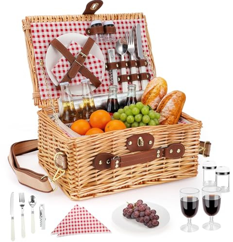 Jradse Set de Cesta de Picnic de Mimbre Premium para 2 Personas, con Compartimento Refrigerante, Correa Extraíble, Platos, Vasos, Cubiertos, para Acampada, Exteriores, Excursiones de un Día, Rojo