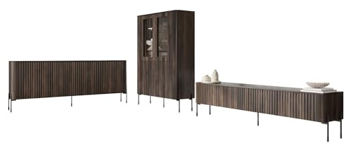 Mirjan24 Möbelset Veralli I, Wohnzimmer-Set mit Kommode, TV-Schrank, Standvitrine mit Glasfront & schwarzen Metallfüßen, Moderne Anbauwand (Eiche Barocke Ristretto)
