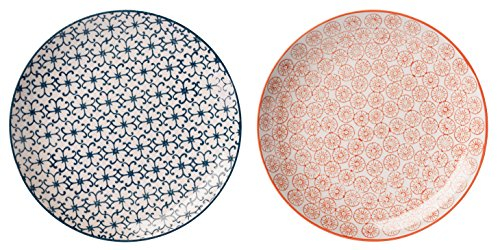 Bloomingville Teller Kristina Retro Dessertteller Frühstücksteller Vintage Kuchenteller rund ø 20 cm, blau rot orange, Keramik, 2er Set