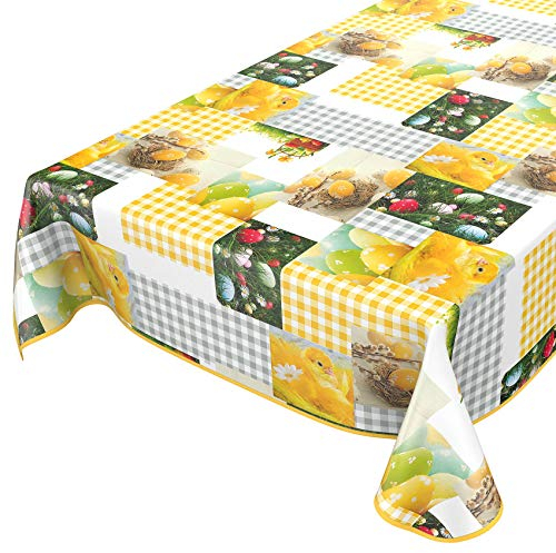 Wachstuchtischdecke abwaschbar Garten Tischdecke Wachstuch Rund Oval Eckig Indoor Outdoor Ostern Osterei Karo Küken 140x140cm mit Saum - Eingefasst