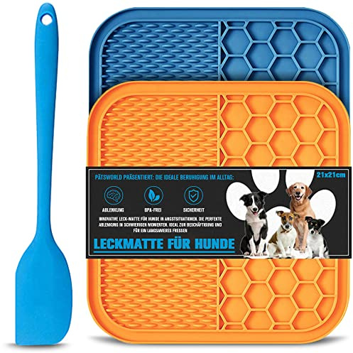 Pätsworld Leckmatte für Hunde - 2X Schleckmatte mit Silikonspachtel - BPA-freies Lick Pad - Slow Feeder mit Saugnäpfen - Praktische Hunde Leck Matte zur Ablenkung und Beruhigung für Hunde