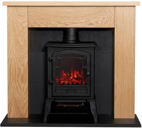 Adam Chester Stove Fireplace in Oak & Black with Sureflame Ripon Electric Stove in Black, 39 Inch