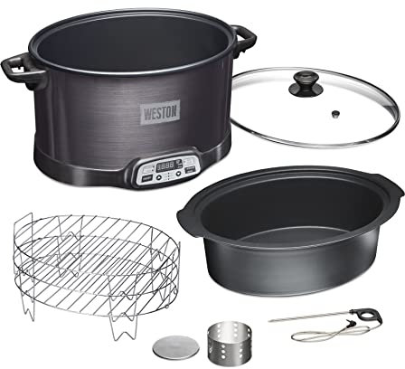 WESTON BRANDS 2 en 1 ahumador eléctrico para interiores y olla lenta programable, 6 cuartos de galón, con estante para fumar de 3 niveles para carne, queso y más, apto para lavaplatos, sonda de