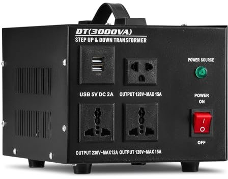 CREWORKS 3000W Voltage Converter, Step Down Transformer 240 230 220 to 110 Volt with Circuit Breaker & Fuse Protection, Voltage Transformer with Universal Outlets 5V USB Ports