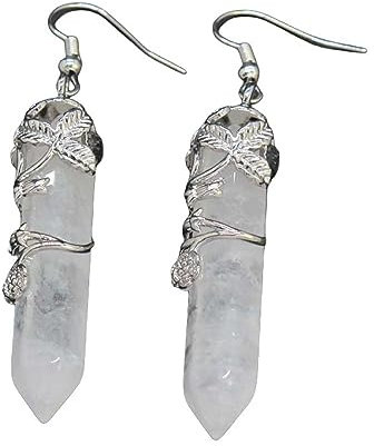 CuLtP Ohrringe Für Damen,Tropfenohrringe Aus Natürlichem Bergkristall Mit Umwickelter Rose, Pendelspitze, Baumelnde Hakenohrringe, Edelsteinohrringe, Heilkristall-Schmuck, Geschenk Für Frauen