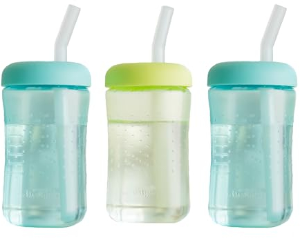The First Years Squeeze & Sip Toddler Straw Cups - Squeezable Transition Sippy Cup with Silicone Straw - Toddler Feeding Supplies - 7 Oz - 3 Count - Ages 6 Months and Up