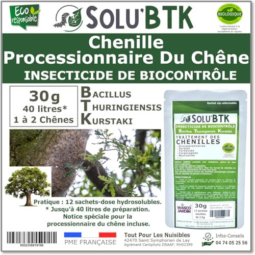 SoluBTK | Chenilles Processionnaires du Chêne | 30 g Insecticide Bacillus Thuringiensys | Utilisable en Agriculture Biologique | Pour 1 à 2 Chênes