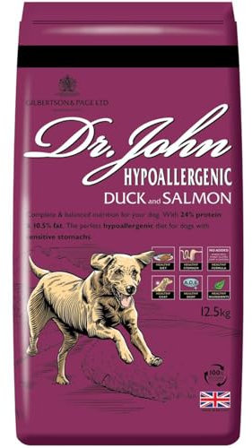 Dr John Hypoallergenic Duck & Salmon 12.5Kg - Dr. John Hypoallergenic Duck and salmon recipe is a hypoallergenic recipe made without added wheat and any form of chicken (including chicken fat)