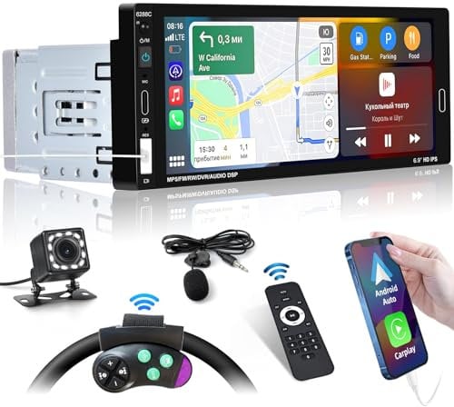 Inefala Autoradio 1 Din Carplay e Android Auto Radio con Schermo da 6,9 Pollici con Bluetooth, Mirror Link, Supporta FM, Controllo del Volante, EQ, USB, Type C, Retrocamera
