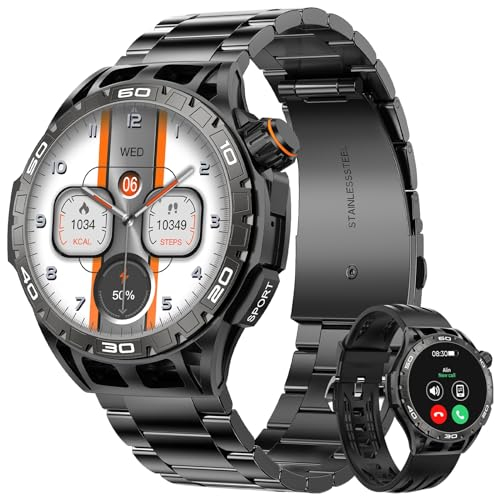 bomow Smartwatch Herren mit Metallband, 1,43'' AMOLED Militär Smart Watch mit Telefonfunktion, 100+Sportmodi Fitnessuhr, IP68 Wasserdicht Fitness Tracker mit Herzfrequenz, Stress, Schlafmonitor