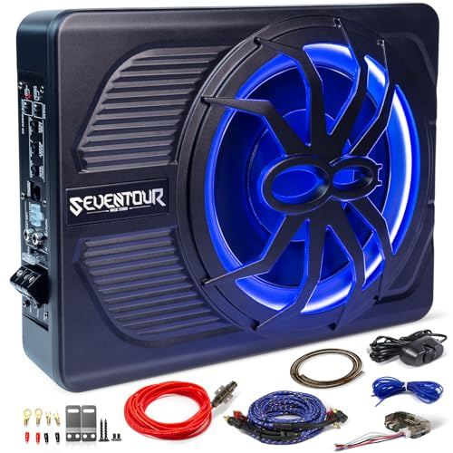 10 Upgrade 800W Slim Under Seat Powered Car Subwoofer, Car/Truck Audio Sub Built in Amplifier amp Combo Package, with Blue LED Light (Subwoofer+Installation Wire Kit)