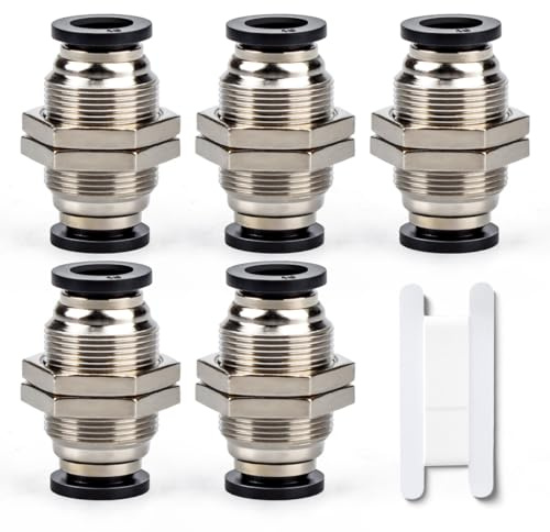 Bwintech 5 Pcs 6mm Bulkhead Union x 6mm Tube OD Push to Connect Tube Fitting, Nickel Plated Brass Pneumatic Quick KPM6 Connect Air Fitting
