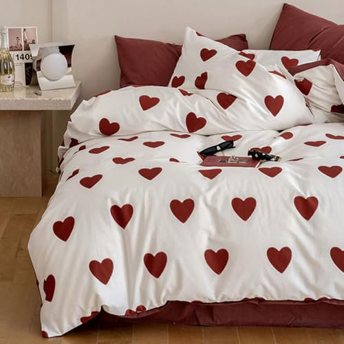 Covebett Herz Bettwäsche 135x200 Weiß mit Roten Herzen Muster Romantisch Weiche Mikrofaser Bettbezug Herzchen Aesthetic Wendebettwäsche Set 2 Teilig mit Reißverschluss und Kissenbezüge 80x80 cm