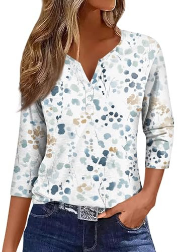 3/4 Sleeve Tops for Women Henley Neck Casual Women's T-Shirts Ladies Fitted Ladies Shirts Multicolor L 229