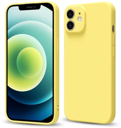 Svaove for iPhone 12 Phone Case Liquid Silicone, Thin Ultra Slim Minimalist Phone Cover, Girly Cute Plain Bright Solid Color Matte Soft Rubber Jelly Gel Plastic TPU Bumper, Yellow