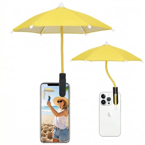 TOUGHMATE Mini Clip-on Phone Umbrella for Sun Flexible Adjustable Handle, Cell Phone Umbrellas Sun Shade Protects from Sunlight and Glare, Universal Fit for All Smartphones,Yellow