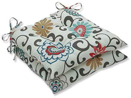Pillow Perfect Floral Indoor/Outdoor Chair Seat Cushion with Ties Getuftet, Wetter-und lichtbeständig, Blau/Braun Pom Play, 18.5 x 19, 2