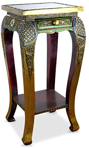 livasia Opiumtisch aus Massivholz – 35x35x75cm – Handgeschnitzter Beistelltisch Holz aus Thailand, Nachhaltig, das besondere Wohnhighlight mit Glasmosaik