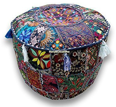 Navya Creations Rundes Sitzkissen/ Polsterhocker, Patchwork, bestickt, indisches Design, bunt, 33 x 40,6 x 40,6 cm