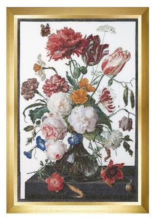 Thea Gouverneur - Counted Cross Stitch Kit - Still Life with Flowers in a Glass Vase - Aida - 18 Count - for Adults - DMC Embroidery Threads and Other Cross Stitch Supplies Included - 785A