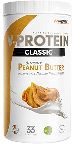 Vegan Protein Pulver ERDNUSSBUTTER 1kg - V-PROTEIN - Pflanzliches Eiweißpulver auf Erbsenprotein-Basis mit 75,9% Eiweiß-Gehalt - optimale Protein-Wertigkeit - veganer Protein-Shake ohne Soja & Weizen