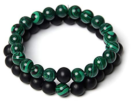 Stein Armband,Naturstein Armreif 7 Chakra Schwarz Grün Onyx Perlen 2 STK Kit Yoga Energie Charme Bracelets Für Angst Männer Mädchen Paar Weihnachten Geschenk Schmuck