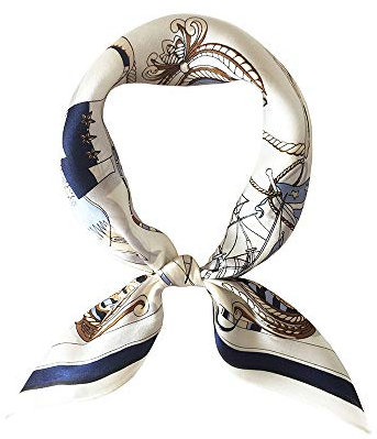 100% Mulberry Silk Scarfs for Women - Lightweight Square Satin Head Scarf - Small Silk Hair Scarf for Sleeping 21 x 21, 44 Navigation White & Blue, S