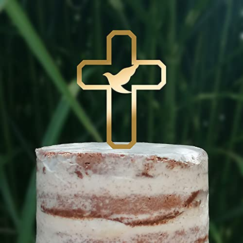 Cake Topper (Friedenstaube) Kreuz Taufe Konfirmation Kommunion Torte Kuchen Deko (Gold)