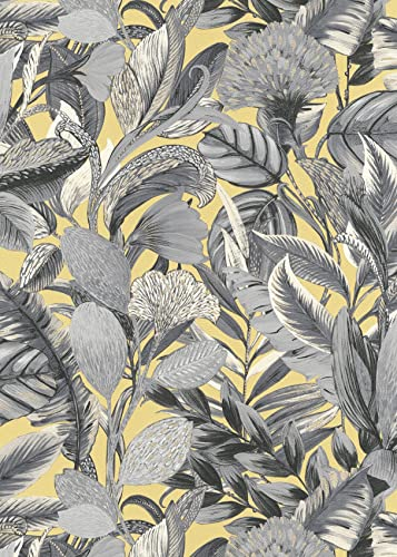 Papier peint feuille gris & jaune moderne pour salon Tapisserie feuillage jaune & grise chambre Papier peint feuillage jungle couloir