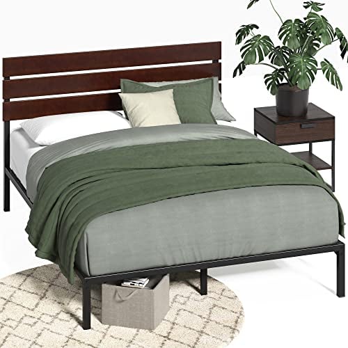 Zinus Figari Double Bed frame - Bed 135x190 cm - 31 cm Height with Underbed storage - Sustainable Bamboo and Metal Platform Bed frame with Slatted Headboard - Brown and Black