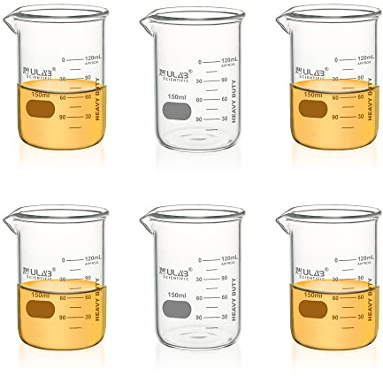 ULAB Heavy Duty Glas Becher, 6pcs von Vol.150ml(5.07oz), Borosilikat 3.3 Glas, dicke Wand Becher, mit doppelter Skala, Superior Durability & chemische Beständigkeit, UBG1052