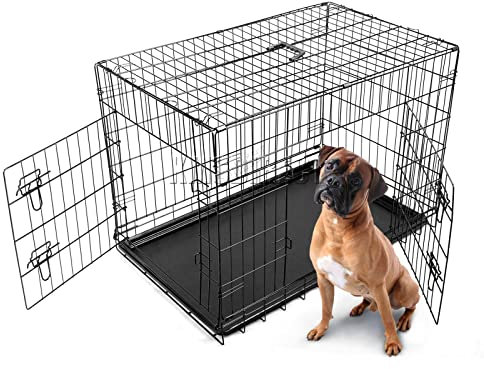 FoxHunter 42 42 Inch Pet Dog Puppy Cat Training Cage Crate Carrier Metal Folding With TWO Doors and Tray Xlarge Black New FH-PT05