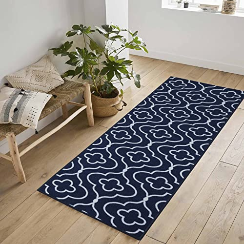 Havana Washable Non-Slip Indoor Runner Mat, Quatrefoil, Navy, 80x300cm