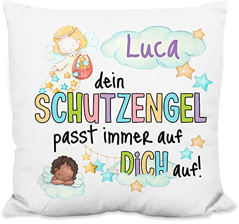 Schutzengel Kissen personalisiert „NAME dein Schutzengel passt immer auf dich auf!“ - 40x40cm, inkl. Kissen-Füllung | Beschützer Kinderkissen | Geschenk Geburtstag Weihnachten (Flauschiges Kissen)