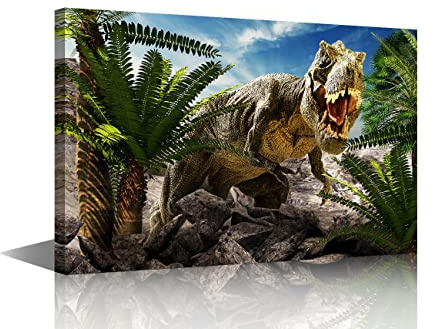 Tyrannosaurus Rex Gemälde auf Leinwand, Wandkunst, Dinosaurier-Kunstdruck, Kunstwerk für Wohnzimmer, Küche, Flur, Schlafzimmer, Büro, Kinderzimmer, gerahmt, fertig zum Aufhängen, 30 x 45 cm