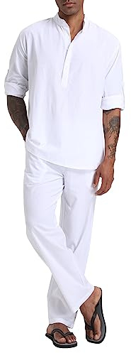 SIENDIU Herren Leinen Sets Henley Shirts 2 Stück Urlaub Outfits Strand Kleidung Casual Anzug Langarm Shirt Yoga Hosen Sommer, Weiss/opulenter Garten, X-Large