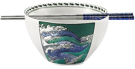 Hagary Wave Ramen Bowl Ceramic Bowl Japanese Style Udon Miso Noodle Soup Bowls Designed in Korea (20oz - Bowl with Chopsticks)