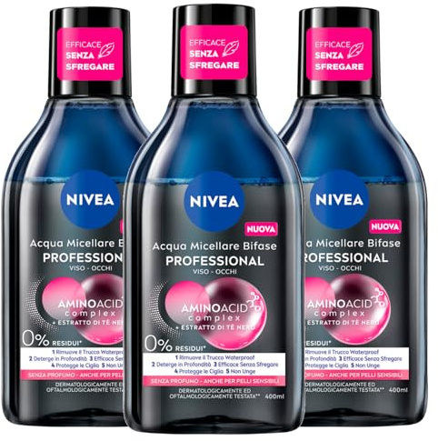 NIVEA Micellair Professional zweiphasiges Mizellarwasser Skin Breathe zweiphasiger Make-up-Entferner mit Schwarztee-Extrakt für Gesicht und Augen, wasserfest, 3 Flaschen à 400 ml