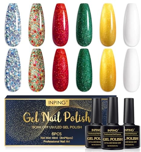 INPING Christmas Gel Nail Polish, 6 Colors Glitter Santa Red Green Gold Snow Blue White Colorful Sparky Diamond Confetti Nail Varnish Soak Off UV/LED for Nail Art Salon, New Year