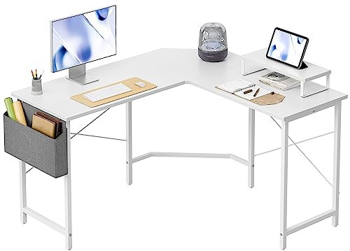 Cubiker L Shaped Gaming Desk, 120 cm Computer Corner Desk with Monitor Shelf for Home Office Study Writing Workstation, White top