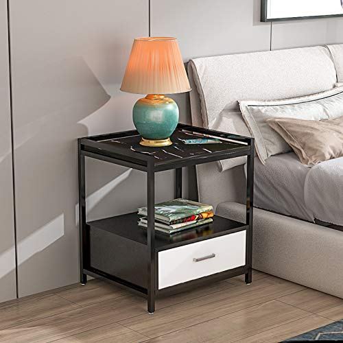 Metall-Beistelltisch mit Schublade, abnehmbarer quadratischer Beistelltisch, Tabletttisch, stabiler Couchtisch mit Metallrahmen, wasserdichter Snack-Tisch für Zuhause, Sofa, Schwarz, 40 x 40 x 52 cm